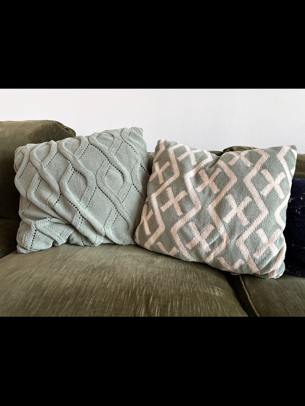 Cable Knit jacquard Square 2 decorative throw pillows sage green chunky